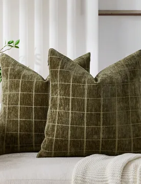 Pieza Funda de almohada a cuadros verde oliva (relleno no incluido), estilo vintage minimalista de granja, chenilla con textura geométrica suave y gr - Shein - FashionsVida