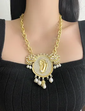 Vintage Thick Chain Abstract Face Full Zircon Pearl Necklace Art Relief Eye Ear Pendant Exaggerated Short Clavicle Chain Women P - Aliexpress - FashionsVida