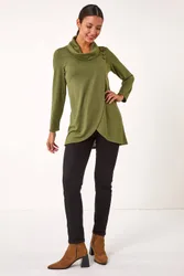 Women's Wrap Front Cowl Neck Top in Khaki Size: 12 - Khaki - Size: 12