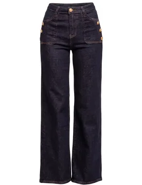 Jeans rectos de mujer de tiro alto con bolsillos frontales y detalle de botones dorados - Tantra - FashionsVida