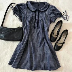 Vestido casual de verano a cuadros con mangas abullonadas y cintura anudada XS