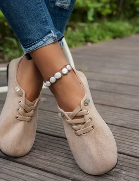 Zapatos planos versátiles de mujer con cordones decorativos, cómodos y de suela blanda, de punta redonda y fáciles de poner, para uso casual o labo - Shein - FashionsVida