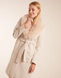 Faux Fur Collared Belted Coat - 16 / STONE - female
