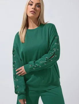 Women's Eyelet Detail Sweatshirt in Green Size: 18 - Green - Size: 18 - Yours - FashionsVida