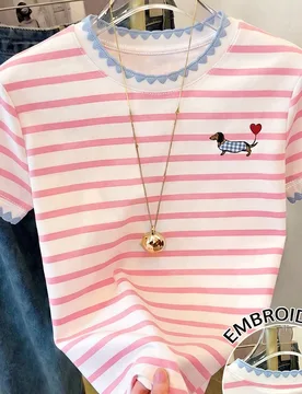 Camiseta casual minimalista para niñas con estampado de rayas y cachorros de dibujos animados, cuello y puños bordados en color contrastante, manga - Shein - FashionsVida