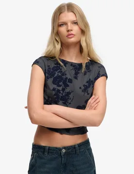 Superdry Damen Beflocktes Mesh-oberteil mit Kurzen Ärmeln Blue - Größe: 38 - 49.99 - FashionsVida