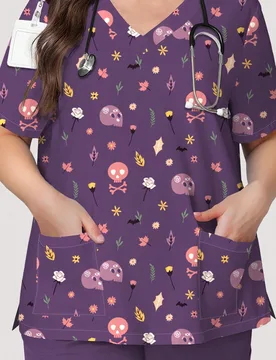 Uniforme de enfermera de talla grande para mujer con estampado de calavera & floral en color púrpura profundo, top de trabajo de moda con cuello en V - Shein - FashionsVida