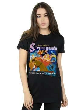 Women's Sleeping Beauty Collage Poster Cotton Boyfriend T-Shirt in Black Size: Large - Black - Size: L - Disney - FashionsVida