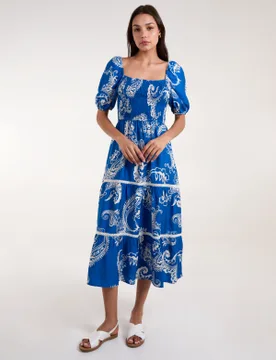 Square Neck Puff Sleeve Shirred Waist Midi Dress - XL / BRIGHT BLUE - female - Blue Vanilla - FashionsVida