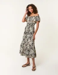 Gold Beaded Bardot Midi Dress - M/L / BLACK - female