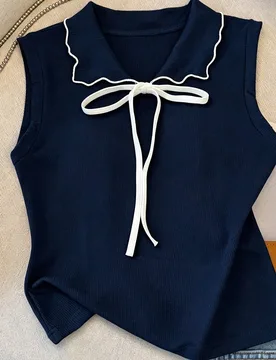 Blusa sin mangas con cuello estilo preppy francés minimalista para primavera y verano, azul marino y blanco, con lazo decorativo de color contrastant - Shein - FashionsVida