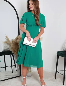 Women's Keyhole Detail Shirring Back Midi Dress in Green Size: 14 - Green - Size: 14 - DOUBLE SECOND - FashionsVida