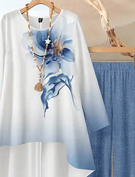 Set de 2 piezas de top de manga larga de cuello redondo y pantalones con estampado floral acuarela de ajuste holgado para mujer, para verano y otoño - Shein - FashionsVida