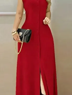 Vestido largo de verano elegante de color rojo sólido con botones delanteros para uso casual y de oficina para mujeres L - Shein - FashionsVida