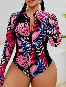 Traje de baño de una pieza con cierre delantero para mujer de talla grande, estampado aleatorio de manga larga, adelgazante, adecuado para surf, depo - Shein - FashionsVida