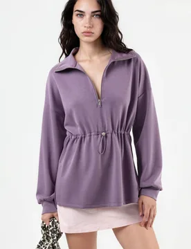 Womens Zipper Collar Sweatshirt With Adjustable Waist - Purple - Size X-Large - Busem - FashionsVida