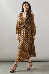 Women's Animal Print Blouson Sleeve Metallic Midi Dress Size: 10 - Animal - Size: 10