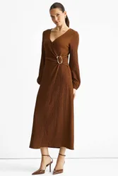 Women's Brown Jersey Texture Wrap Metal Trim Midi Dress Size: 8 - Brown - Size: 8
