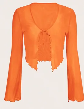 Top ribete en forma de lechuga con cordón delantero manga de campana de malla XL - Shein - FashionsVida
