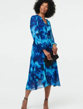 Women's Printed Semi Sheer Layered Midi Dress in Blue Size: 18 - Blue - Size: 18 - Izabel London - FashionsVida