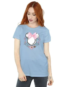 Women's Minnie Mouse Flowers Cotton Bow Boyfriend T-Shirt in Baby Blue Size: 2XL - Baby Blue - Size: 2XL - Disney - FashionsVida