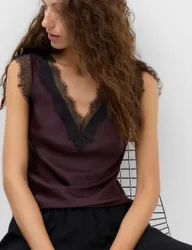 Satin V-Neck Lace Insert Cami Top Dark Aubergine female