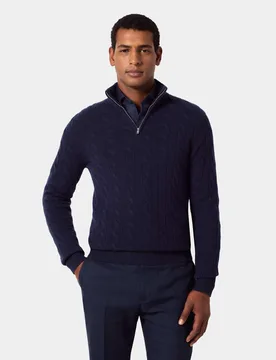 Pure Wool Cable Knit Half Zip Jumper Navy male - Hawes & Curtis - FashionsVida