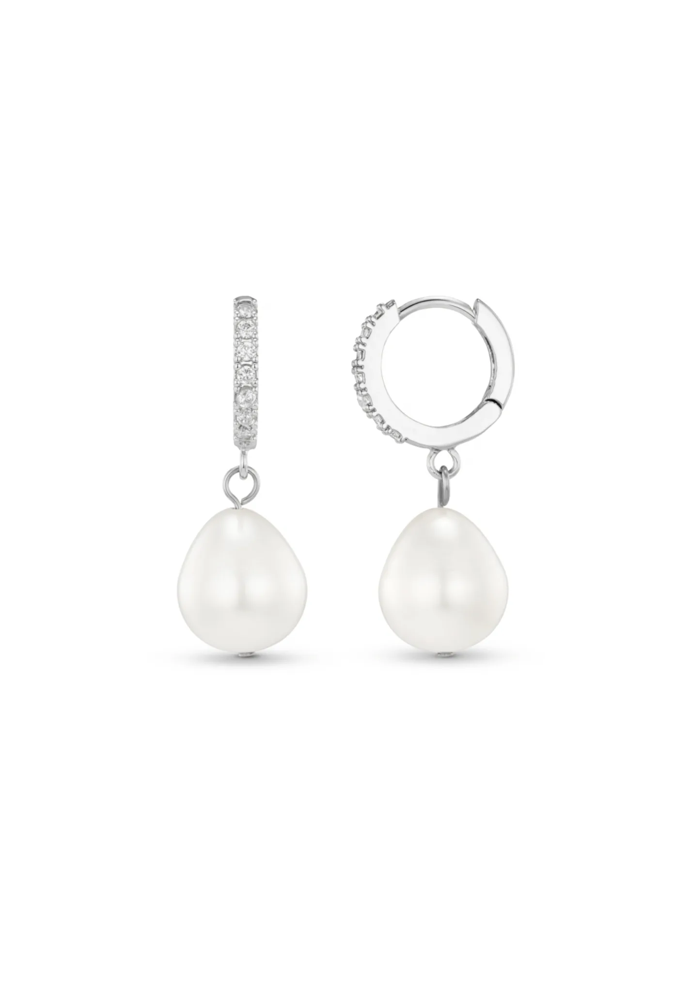 Pearl Drop Pavé Huggie Hoop Earrings - Silver - Orelia London - FashionsVida