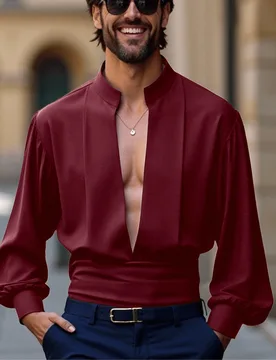 Camisa de manga larga con cuello en V profundo de unicolor y sexy para hombres, top burdeos, camisa roja oscura para hombres, camisas rojas para hombr - Shein - FashionsVida