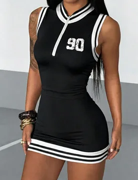 Vestido mini de estilo varsity rojo para mujer, sin mangas con media cremallera y estampado gráfico de 90 con ribete a rayas, ajustado, vestido casua - Shein - FashionsVida