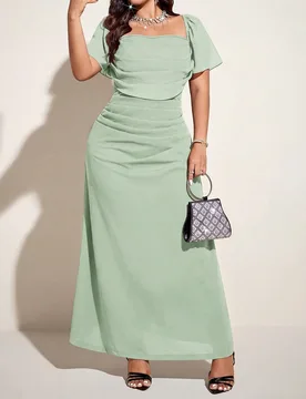 Vestido largo de mujer talla grande para primavera/verano, nuevo, ligero, de estilo lujoso y elegante, color rojo vino, con cuello cuadrado y mangas a - Shein - FashionsVida