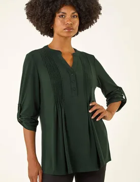 Women's Pintuck Button Stretch Top in Green Size: 14 - Green - Size: 14 - Roman - FashionsVida