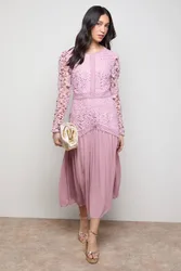 Women's Lace Bodice Pleated Skirt Long Sleeve Midi Dress in Pale Pink Size: 8 - Pale Pink - Size: 8