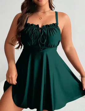 Vestido de baño tankini con volantes y nudo delantero para mujer talla grande en color negro 0XL - Shein - FashionsVida