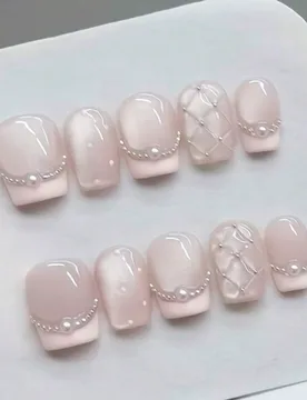 Piezas de pegatinas para uñas francesas con puntos de perla romboidales pintados a mano en color rosa, fáciles de usar a diario, adecuadas para cita - Shein - FashionsVida