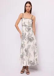 Abito in lino con stampa floreale donna bianco-nero