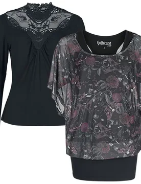 Gothic Langarmshirt - Mystical Woods - Longsleeve & T-Shirt Bundle - S bis M - für Damen - Größe S - schwarz - Frauen - female - Gothicana by EMP - FashionsVida