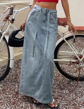 Falda vaquera larga de algodón lavado azul claro con cintura alta, cordón ajustable y corte slim para mujer, verano otoño festival de junio S - Shein - FashionsVida