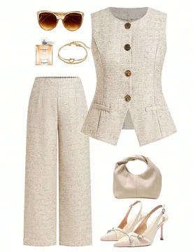 Conjunto casual de 2 piezas de talla grande para mujer compuesto por chaleco de solapa y pantalones 0XL - Shein - FashionsVida