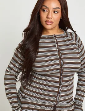 Womens Plus Stripe Button Down Long Sleeve Top - Brown Cotton - Size 26 Uk - Boohoo - FashionsVida