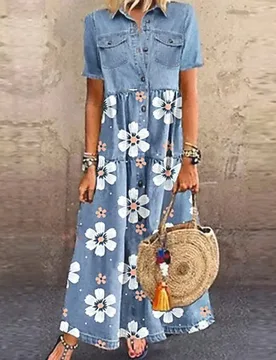 Leopard Patchwork Denim Style Dress Plus Size Women Elegant Turn-down Collar Pockets Party Dress Summer Short Sleeve Retro Dress - Aliexpress - FashionsVida