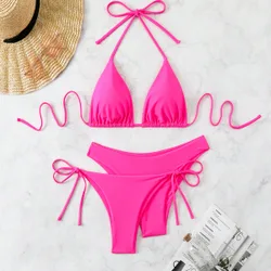 Conjunto de 3 piezas de ropa de playa para mujeres en unicolor, bikini separados con cuello halter sexy, para verano en la playa L