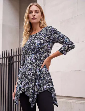 Stretch Jersey Floral Print Asymmetric Top Purple Mix female - Roman - FashionsVida