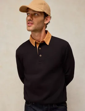 Collared Long Sleeve Cotton Rugby Top Black male - White stuff - FashionsVida