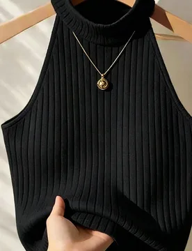 Top halter de punto acanalado de unicolor minimalista para uso casual y diario, verano S - Shein - FashionsVida