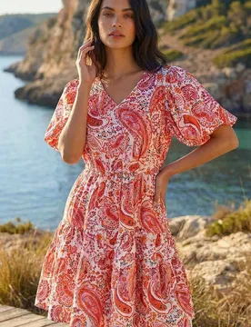Women's Paisley Print Hotfix Dress in Red Size: 16 - Red - Size: 16 - Dusk - FashionsVida