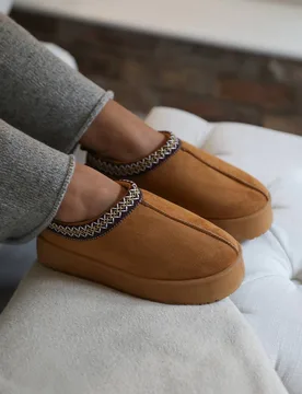 Women's 'Freeze' Flatform Embroidered Low Ankle Slipper Boots in Tan Size: 4 - Tan - Size: 4 - Where's That From - FashionsVida