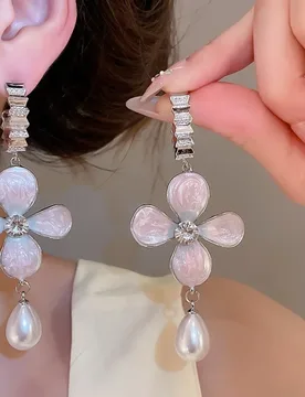 Minar Sweet Pink Enamel Rhinestone Flower Petal Imitation Pearl Water Drop C Shaped Dangle Earrings for Women Wedding Jewelry - Aliexpress - FashionsVida