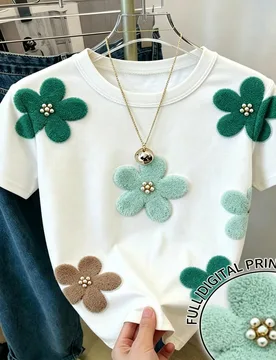 Camiseta de mujer con estampado floral colorido verde, cuello redondo, manga corta, estampado de flores y perlas, top casual dulce, estilo preppy de m - Shein - FashionsVida