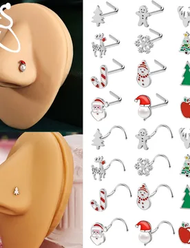 ZS 1 Piece Christmas Serie 20G Stainless Steel Nose Studs L/S Shape Nose Ring Santa Claus Snowman Shape Nostril Piercing Jewelry - Aliexpress - FashionsVida